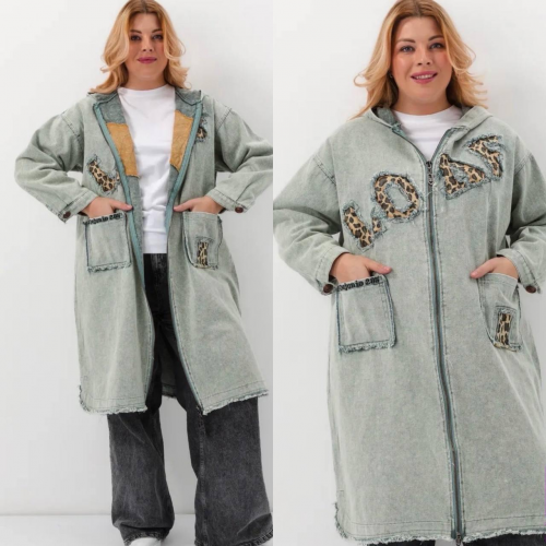 Джинсовый кардиган "LOVE" зеленый (Китай, разные фабрики) — размеры 3XL, 4XL